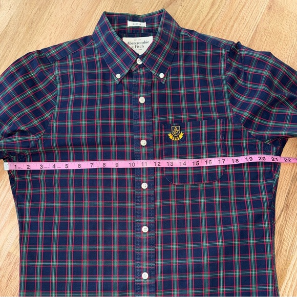 Abercrombie & Fitch Cotton Muscle Button Down Collared Shirt Tartan Plaid Navy M - Picture 5 of 9